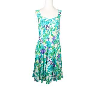 Vintage 90s Paradise Bay green and blue tropical floral Hawaiian mini dress M